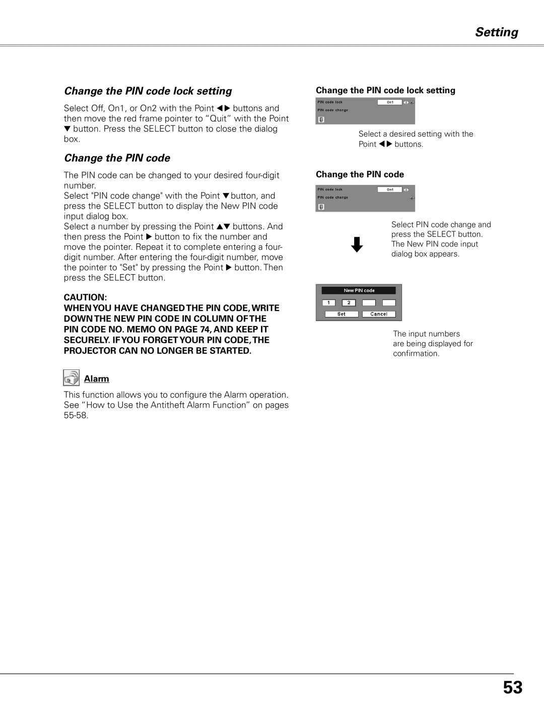 Sanyo PLC-XL50 owner manual Change the PIN code lock setting, Change the PIN code lock setting 